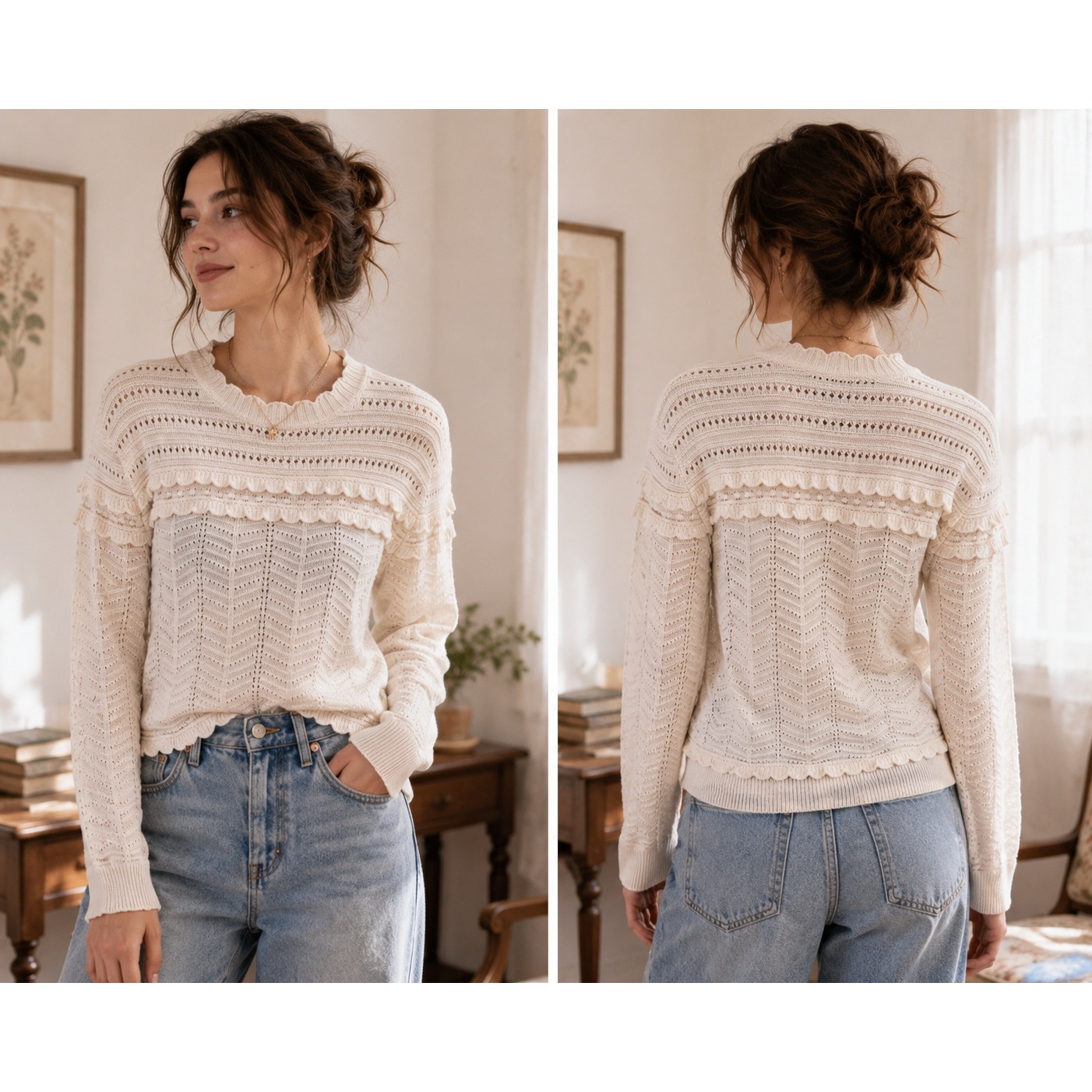 Cottagecore Boho Minimalist Sweet J.Crew Cream Wool Blend Ruffle Knit M Sweater